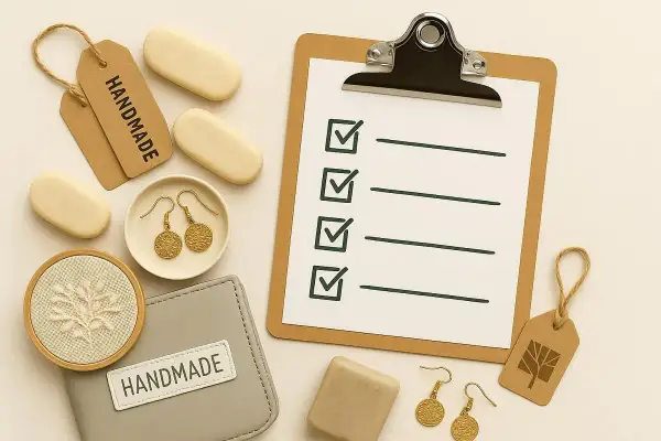 Checkliste für selbstgemachtes verkaufen ohne gewerbe: Seife, Ohrringe, Stickerei und "Handmade"-Etiketten.