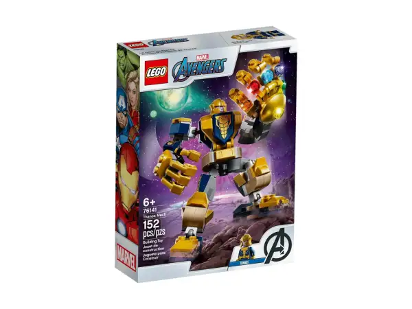 Zestaw LEGO 76141: Thanos Mech z Rękawicą Nieskończoności, gotowy do walki z Avengersami.