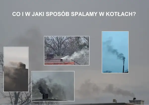 Dym z komina, biały i czarny, unosi się na tle pochmurnego nieba. Różne rodzaje dymu z komina pokazują różne sposoby spalania.
