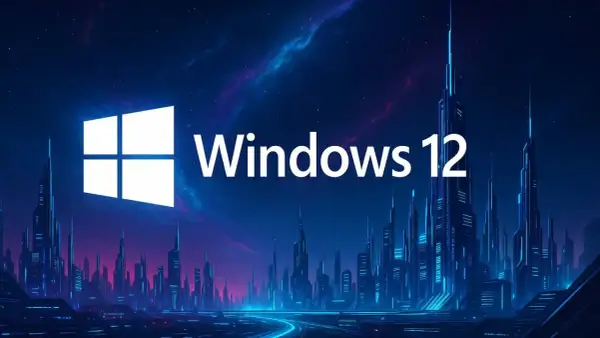 Futurystyczne miasto nocą, oświetlone neonami, z logo Windows 12 na tle kosmicznego nieba.