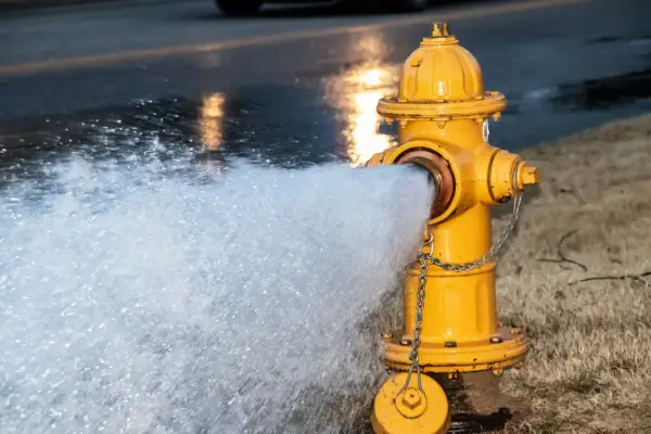 Żółty symbol hydrantu z łańcuchem, z którego tryska woda na mokrą ulicę.