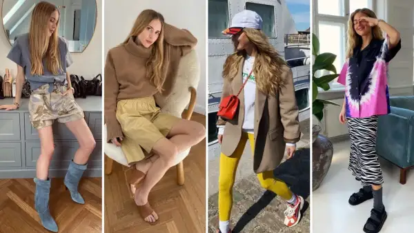 Kobiety prezentują skandynawski styl ubioru: od luźnych szortów i botków, przez beżowy golf i skórzane szorty, po sportowy zestaw z marynarką i kolorową koszulę w panterkę.