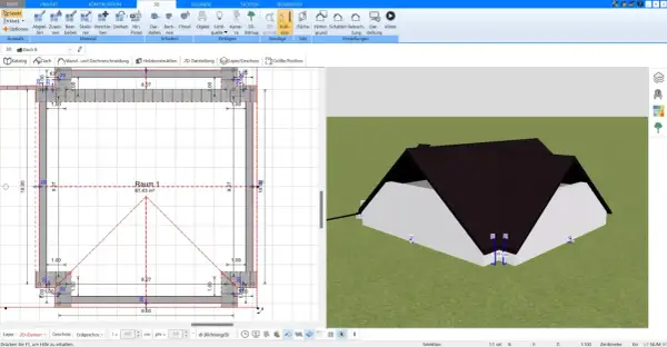 Grundriss und 3D-Ansicht eines Hauses mit Satteldach. Die Traufseite des Hauses ist im 3D-Modell sichtbar.