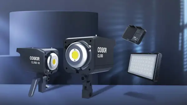 COLBOR CL100 and CL100-M continuous light units, plus a smaller panel light and a battery. A visual comparison of continuous light vs flash.