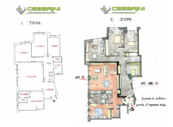 Pianta "prima" e "dopo" di frazionamento appartamento in condominio. La prima mostra un'unica unità, la seconda due appartamenti distinti.