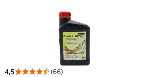 Svart flaska med röd kork, märkt "ALGA STOP". Behandlar diesel mot alger och jäsning, skyddar tankar och motorer.