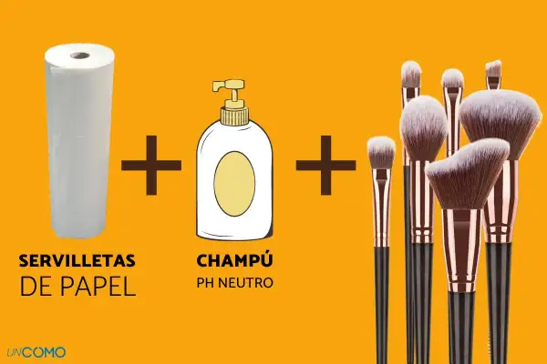 Rutina para limpiar brochas de maquillaje: servilletas de papel + champú pH neutro + brochas.