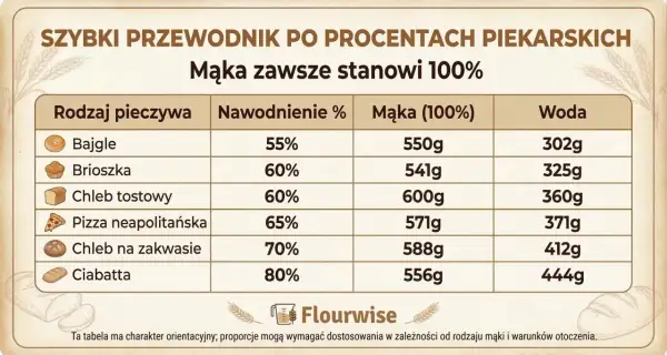 Tabela pokazuje, ile zakwasu do chleba i wody potrzebujesz do różnych wypieków, np. chleba na zakwasie (70% nawodnienia).