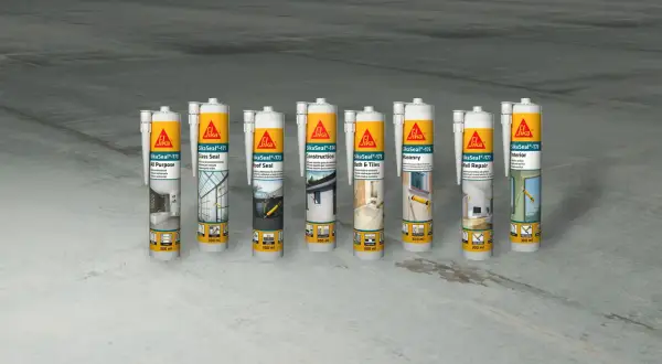 Variedad de tubos de polímero Sika para sellado y reparación: All Purpose, Glass Seal, Roof Seal, Construction, Bath & Tiles, Masonry, Wall Repair e Interior.