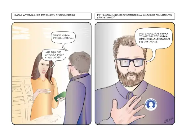 Kobieta w sklepie spożywczym z oburzeniem zwraca się do sprzedawcy, który ma na ubraniu znaczek "Mam zespół Tourette'a".