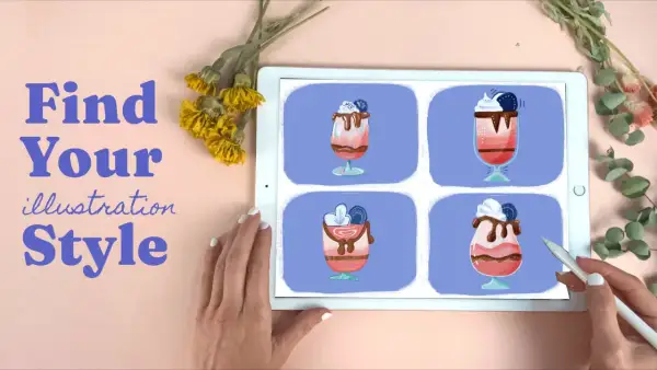 Tablet displaying four different illustration styles of desserts, with text "Find Your Illustration Style" on the left.