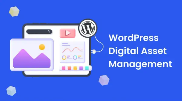 Illustration of a tablet displaying media and analytics, connected to the WordPress logo, representing WordPress digital asset management.