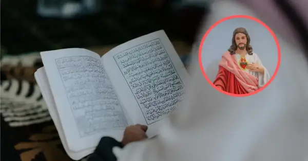 Otwarta księga z arabskim pismem obok wizerunku Jezusa. Islam uznaje Jezusa za proroka, ale nie za syna Bożego.