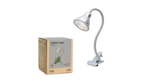En vit LED-växtlampa med klämma och en kartong för "GROW LIGHT FLEXIA". Perfekt för att ge dina växter rätt ljus, som en timer till lampor.