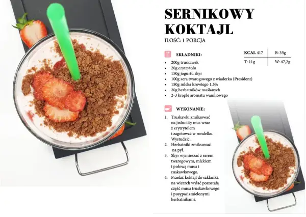 Pyszny koktajl z truskawkami i kruszonką z herbatników. Zdrowe jedzenie, które zachwyca smakiem i wyglądem.