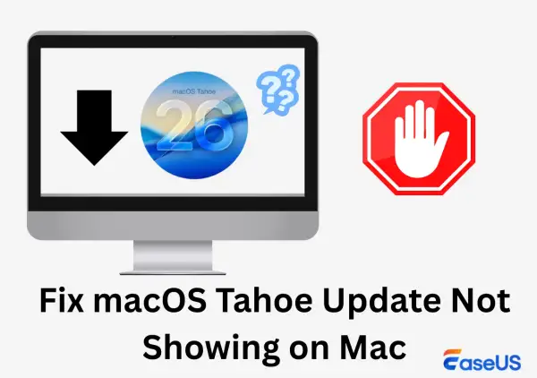 Ikona pobierania i logo macOS Tahoe 26 na ekranie komputera, obok znaku stop. Rozwiąż problem z aktualizacją macOS Tahoe.