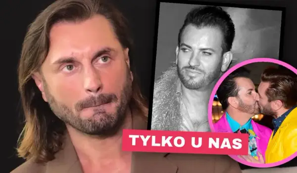 Trzy zdjęcia Gabriela Seweryna: zbliżenie twarzy, portret i pocałunek z mężczyzną.