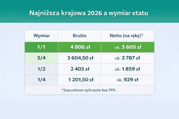 Tabela z szacunkowymi kwotami minimalnego wynagrodzenia brutto i netto na rękę w 2026 roku dla różnych wymiarów etatu.