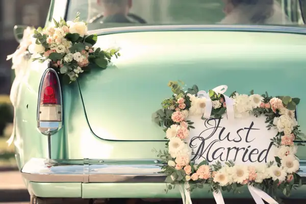 Hochzeitsauto mit Blumen geschmückt, "Just Married" Schild. Ein besonderer Urlaub nach der Hochzeit, vielleicht mit einem Kind auf dem Weg.