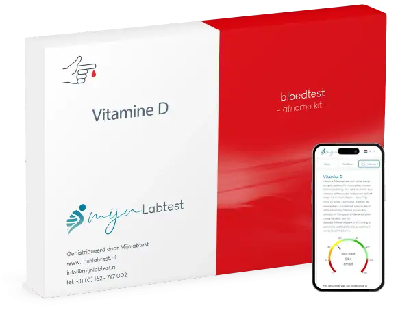 Vitamine D bloedtest kit en smartphone met resultaten. Een vitamine D-tekort kan leiden tot psychische klachten zoals somberheid.