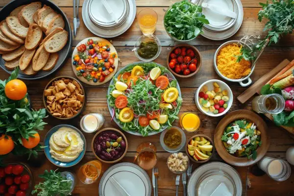 Un apéro drôle avec une table garnie de salades colorées, fruits, légumes, pain et houmous. Parfait pour un moment convivial et savoureux.