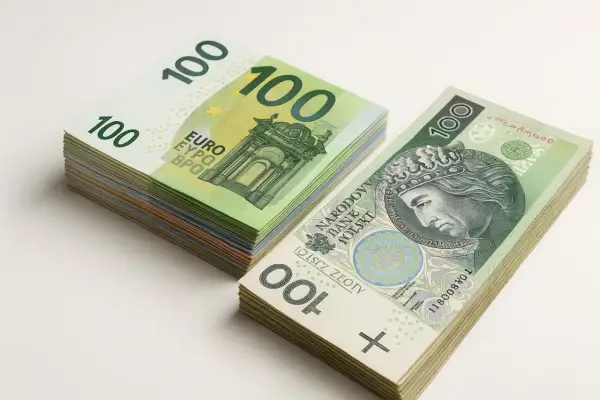 Stos banknotów 100 euro i 100 złotych. Zastanawiasz się, za ile można sprzedać euro?
