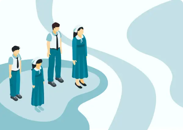Uważaj na objawy sekciarstwa w ruchach religijnych. Ilustracja przedstawia grupę ludzi w jednolitych strojach, symbolizującą potencjalne zagrożenie.