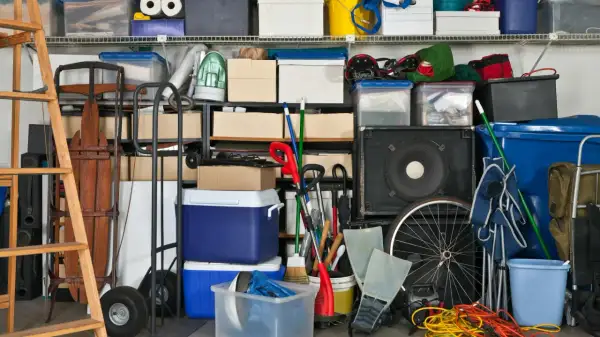 Organizzazione garage con idee cantina fai da te: scatole, attrezzi, slitta, ruote, casse audio e contenitori blu.