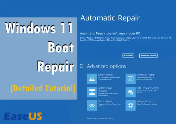 Ekran naprawy automatycznej systemu Windows 11, pokazujący opcje takie jak przywracanie systemu i wiersz poleceń. To jest ekran **windows boot manager**.