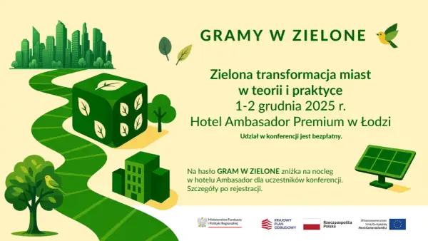 Ilustracja z zielonym miastem, drogą, kostką z liściem i panelem słonecznym.