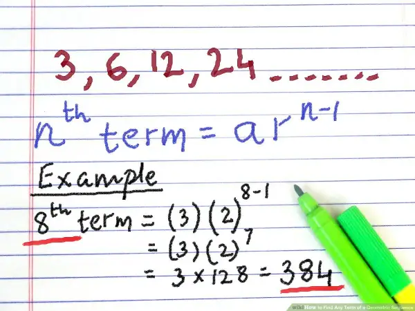 Przykład obliczania wyrazu ciągu geometrycznego: 3, 6, 12, 24... Wzór na n-ty wyraz: a*r^(n-1). Obliczono 8. wyraz: 384.