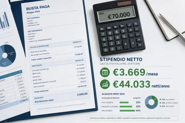 Busta paga con RAL di 70.000€, stipendio netto mensile di 3.669€ e annuale di 44.033€.