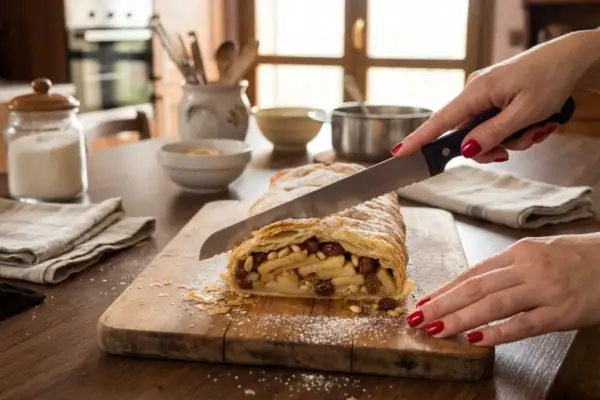 Mani con smalto rosso tagliano uno strudel di mele ripieno di mele, uvetta e pinoli su un tagliere di legno.