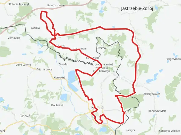 Mapa rowerowa z zaznaczoną trasą Velo Metropolis, prowadzącą przez Łaziska, Karvinę i Jastrzębie-Zdrój.