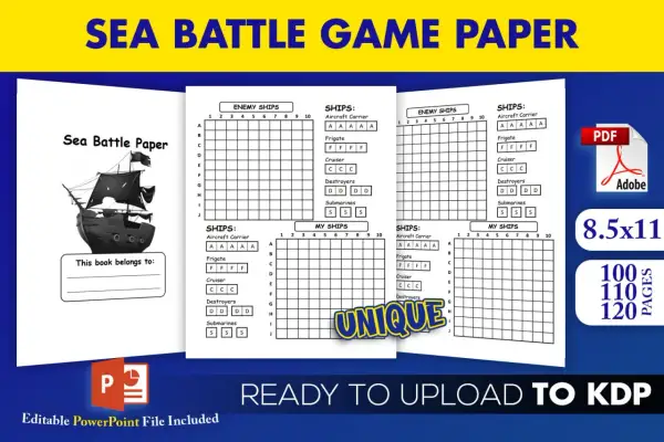 Páginas de juego hundir la flota en papel con cuadrículas para colocar barcos. Incluye diseño de barco pirata y texto "UNIQUE".