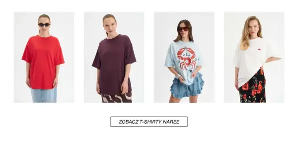 Kolekcja luźnych t-shirtów damskich XXL: czerwony, bordowy, błękitny z krabem i biały z makami.
