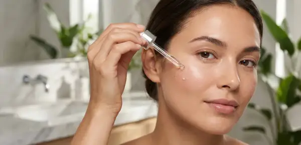 Una mujer aplica un suero con niacinamida, un ingrediente clave para combatir el acné, en su rostro.