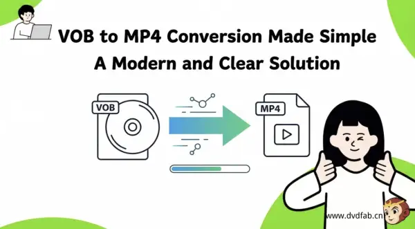 VOB to MP4 conversion made simple. This image shows a VOB file (like from a DVD) transforming into an MP4 file, with a happy person giving a thumbs up.