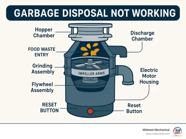 Diagram showing garbage disposal parts: hopper, grinding assembly, and reset button. Learn how to fix garbage disposal issues with this visual guide.