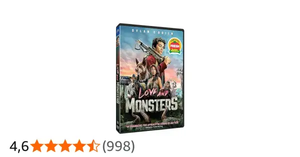 DVD-omslag för "Love and Monsters" med Dylan O'Brien, en hund och andra karaktärer som kämpar mot monster i en postapokalyptisk värld.