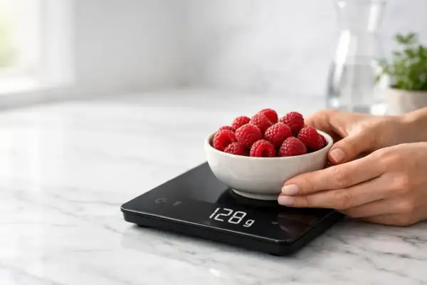 Mani che pesano lamponi su una bilancia digitale. La dieta sblocca peso con precisione.