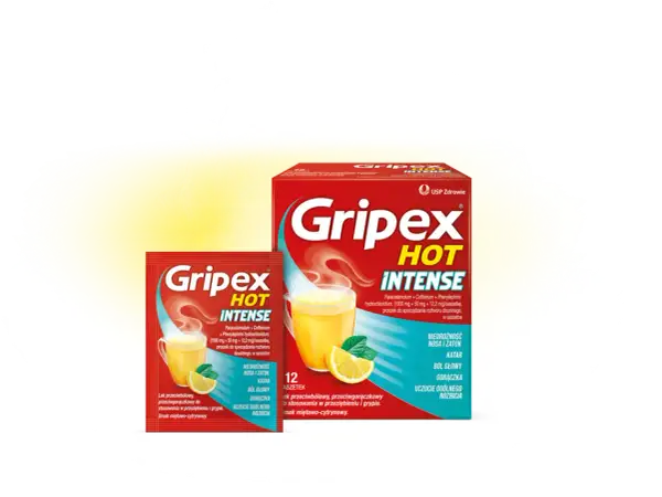 Opakowanie i saszetka leku Gripex Hot Intense z cytryną i parującym napojem.