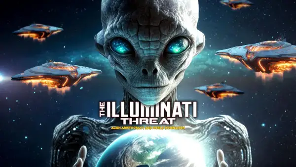 En utomjording med lysande ögon håller jorden, omgiven av rymdskepp. Texten "The Illuminati Threat" antyder en kommande film.