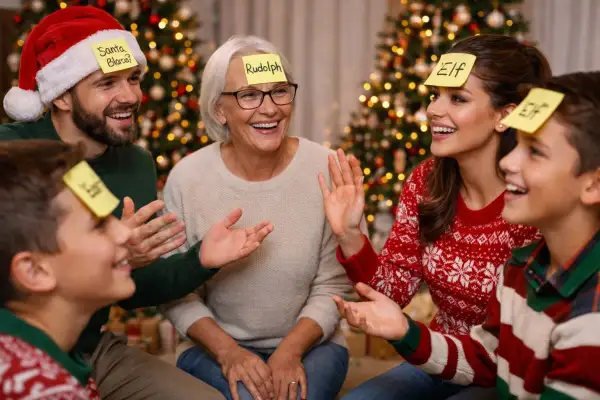 Familia riendo y jugando a juegos interactivos de Navidad con notas en la frente. ¡Pura diversión navideña!