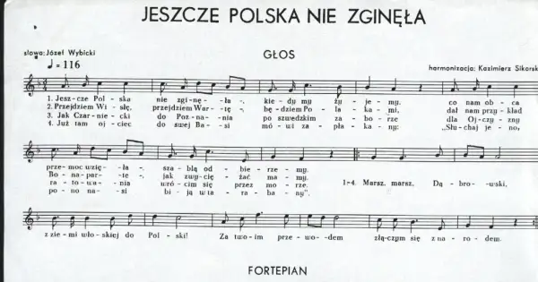Jeszcze Polska nie zginęła" - nuty i tekst pieśni patriotycznej. W tle fortepian.