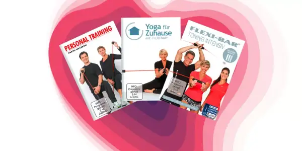 Menschen schwingen eine sport stange für ein intensives Training. Mehrere DVDs zeigen Übungen für Zuhause.