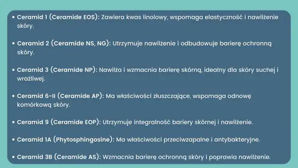 Lista ceramidów i ich właściwości: kwas hialuronowy i ceramidy wspierają elastyczność, nawilżenie i odbudowę bariery ochronnej skóry, idealne dla skóry suchej i wrażliwej.