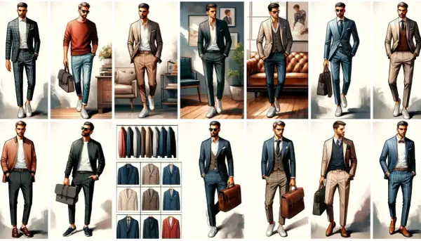 Przykłady smart casual męski: garnitury, marynarki, swetry, spodnie chino, bomberki. Stylizacje na różne okazje.