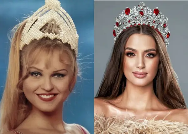 Dwie Miss Polski w koronach. Jedna z lat 90. z blond włosami i perłową tiarą, druga współczesna z brązowymi włosami i czerwoną tiarą.