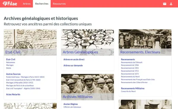 Page d'accueil de Filae, présentant les archives généalogiques : état civil, arbres, recensements et archives militaires.
